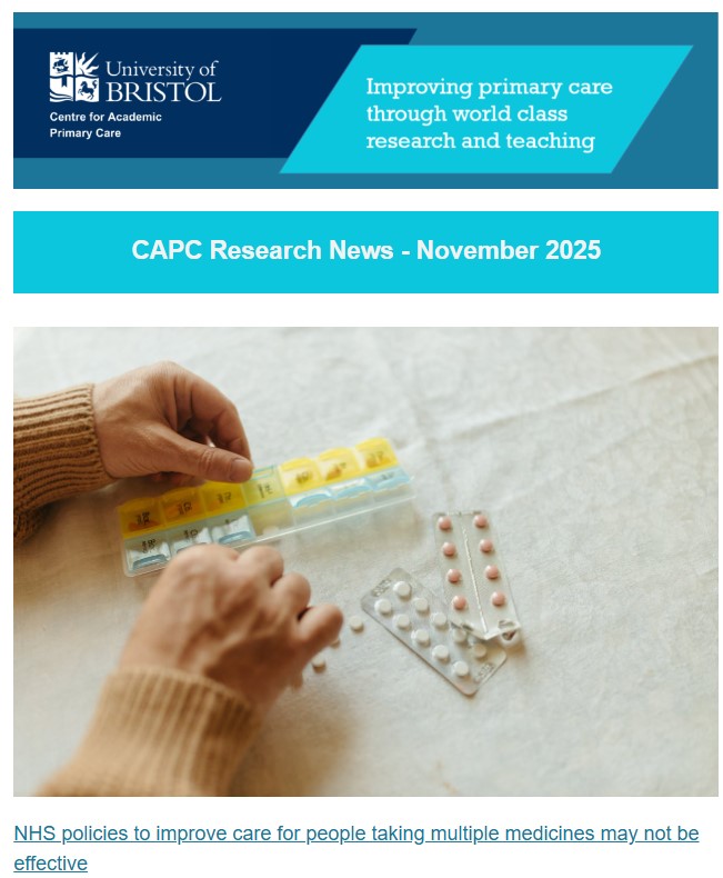 Front page of CAPC Research News November 2025 with image from topline news story showing hands holding pills.